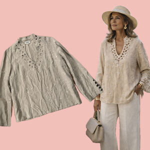 Neiman Marcus Exclusive Silk Linen Embroidered Blouse Size 16 – Cutout Detail